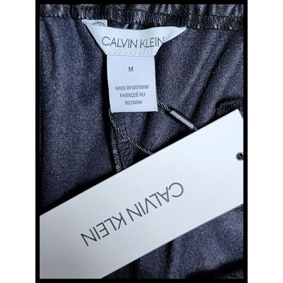 NWT Calvin Klein Vegan Faux Leather Pants Pull On Drawstring Waist Black Medium - Picture 7 of 12